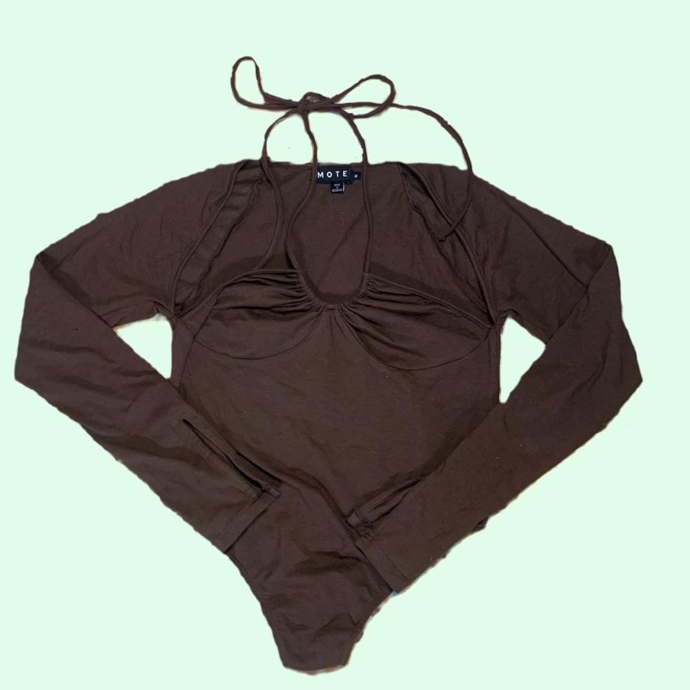 MOTEL brown long sleeve tie bodysuit with a cut out detail near the shoulders
